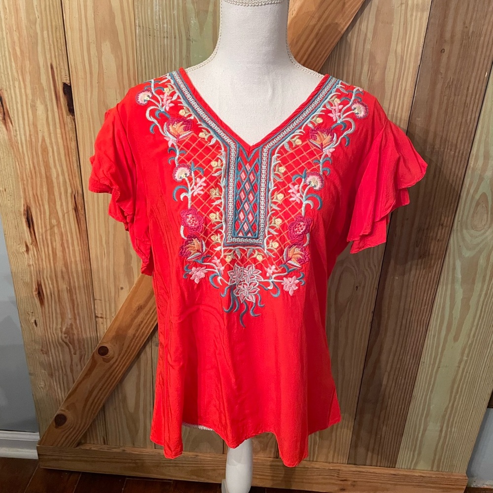 Solitaire Red Embroidered Blouse